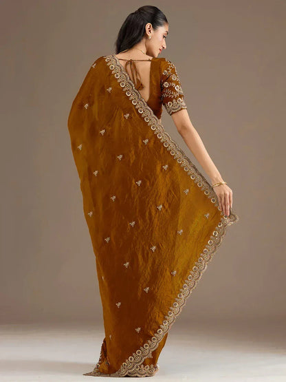Tulsi Art Classic Golden Zari Embroidered Silk Reception Wear Saree With Blouse