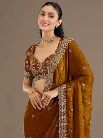 Tulsi Art Classic Golden Zari Embroidered Silk Reception Wear Saree With Blouse