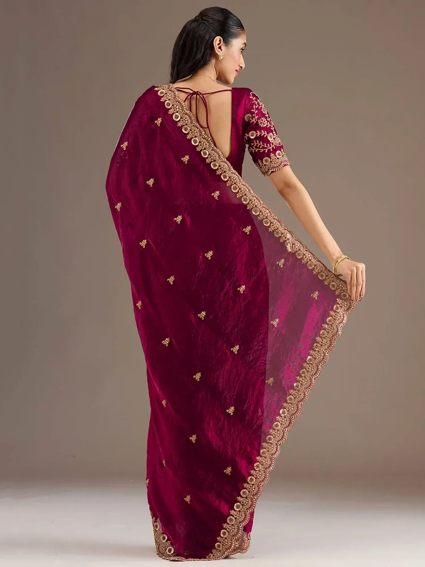 Tulsi Art Alluring Maroon Zari Embroidered Silk Party Wear Saree With Blouse