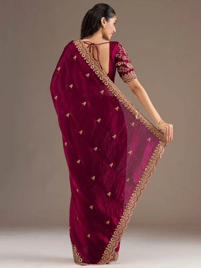 Tulsi Art Alluring Maroon Zari Embroidered Silk Party Wear Saree With Blouse