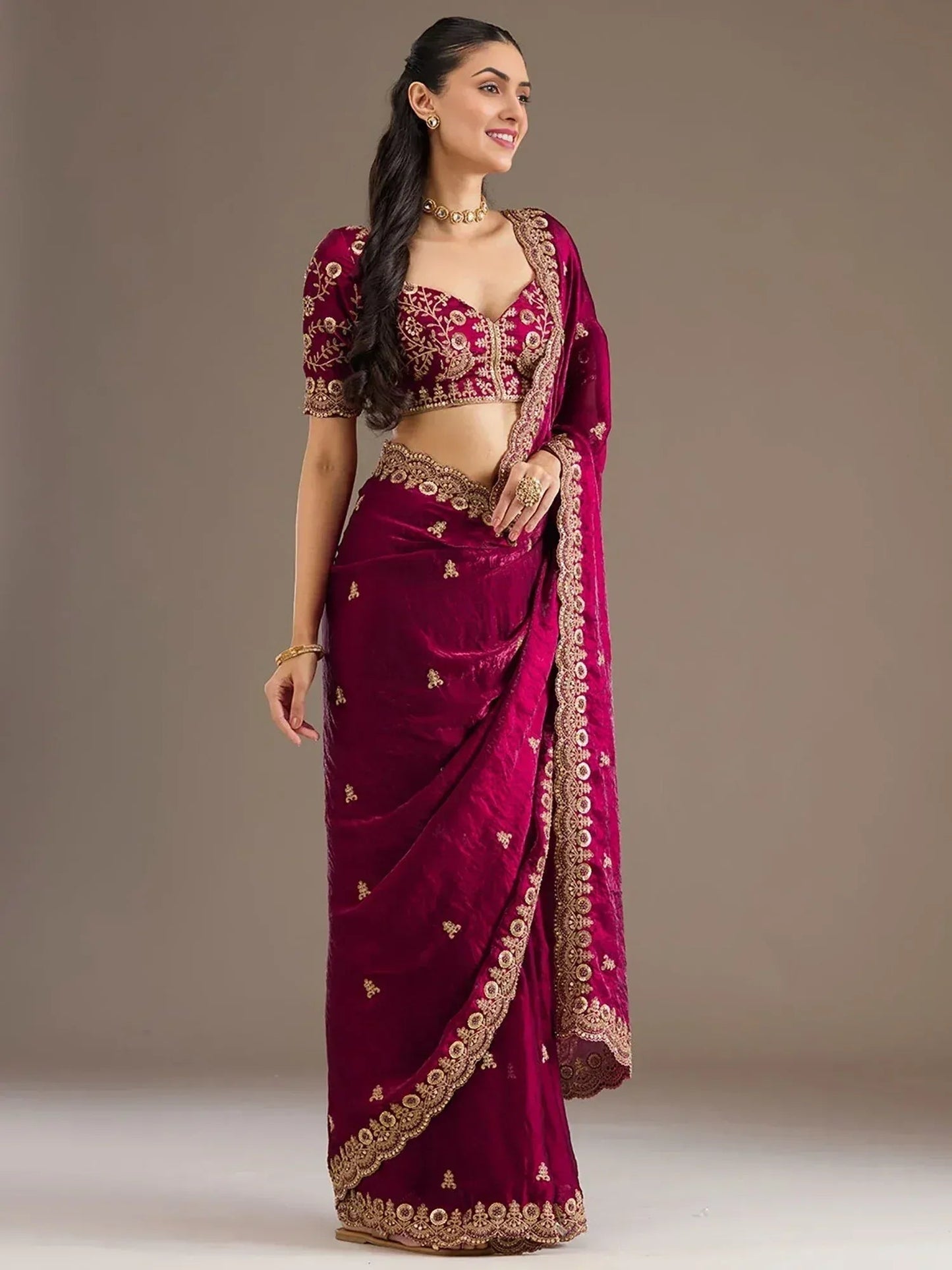Tulsi Art Alluring Maroon Zari Embroidered Silk Party Wear Saree With Blouse