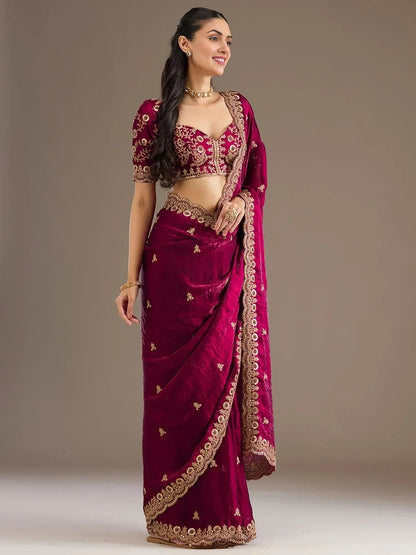 Tulsi Art Alluring Maroon Zari Embroidered Silk Party Wear Saree With Blouse