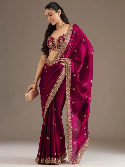 Tulsi Art Alluring Maroon Zari Embroidered Silk Party Wear Saree With Blouse
