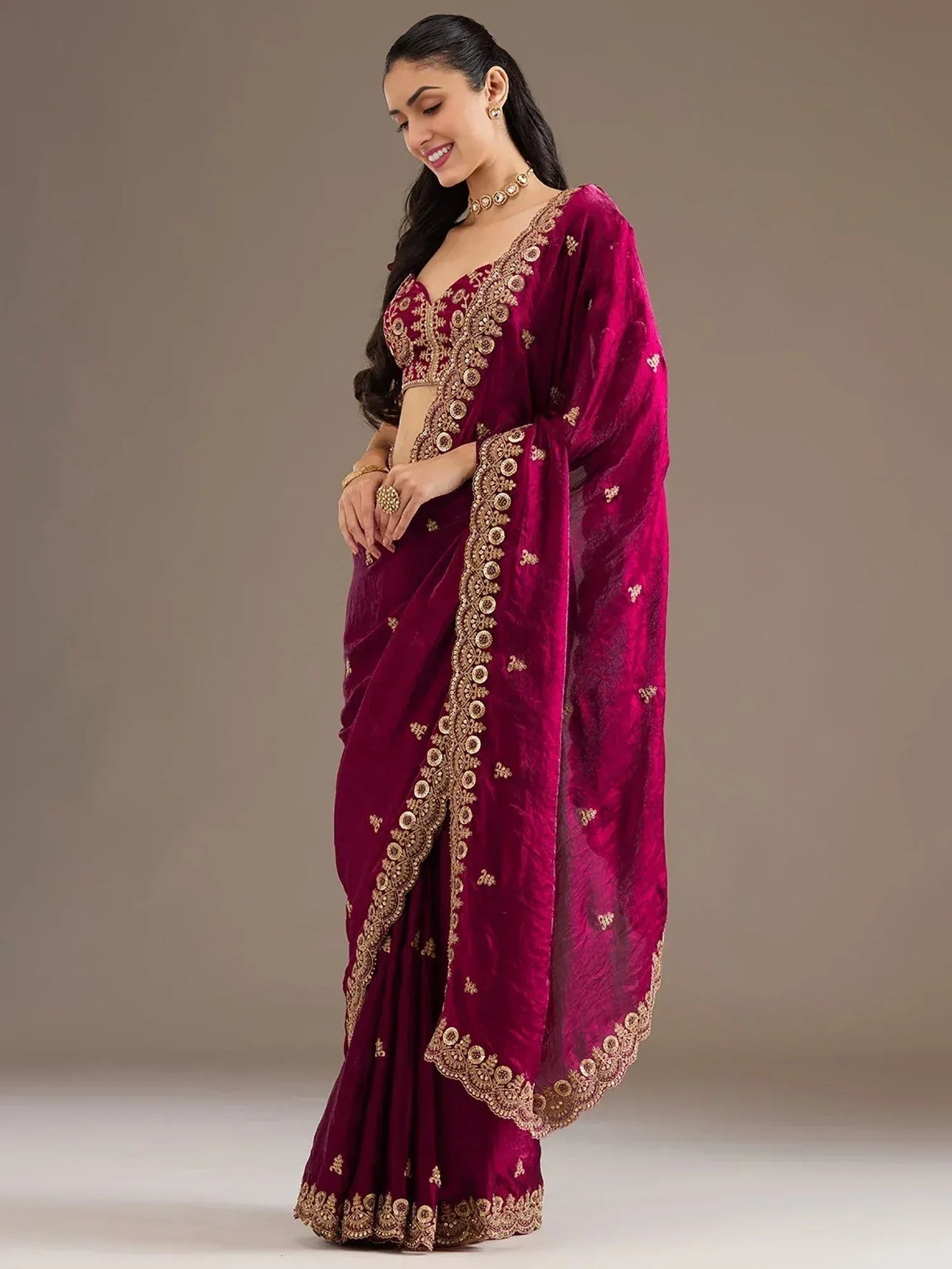 Tulsi Art Alluring Maroon Zari Embroidered Silk Party Wear Saree With Blouse