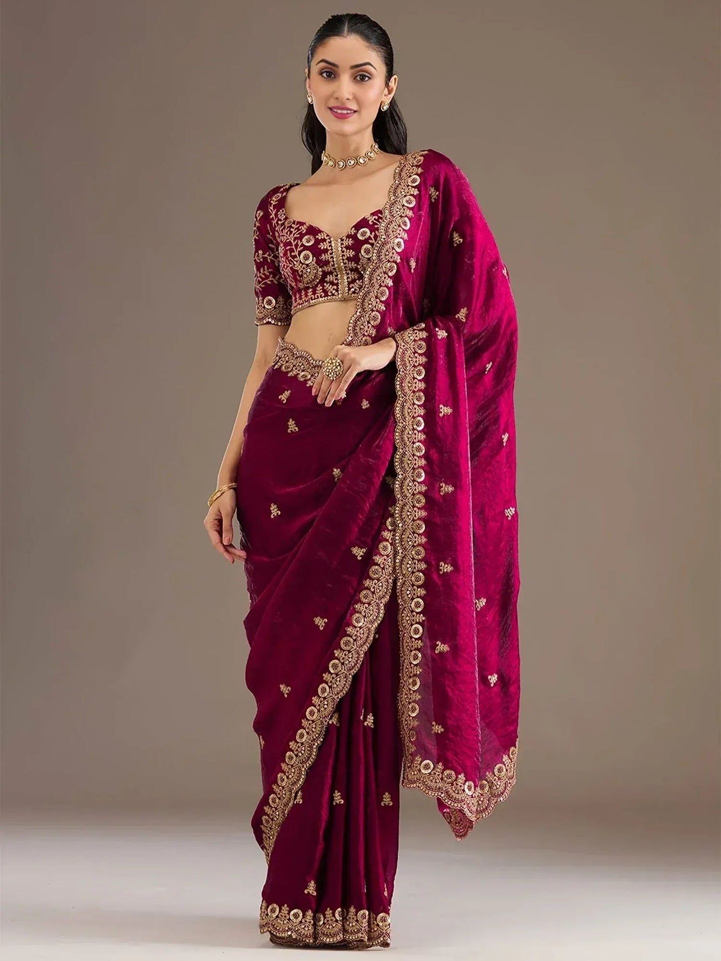 Tulsi Art Alluring Maroon Zari Embroidered Silk Party Wear Saree With Blouse