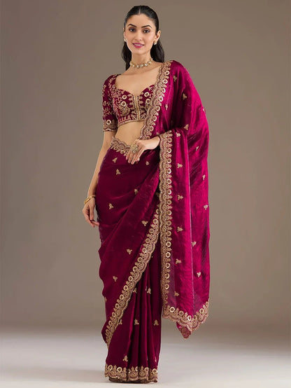 Tulsi Art Alluring Maroon Zari Embroidered Silk Party Wear Saree With Blouse