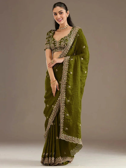 Tulsi Art Amazing Green Embroidered Silk Festival Wear Saree With Blouse