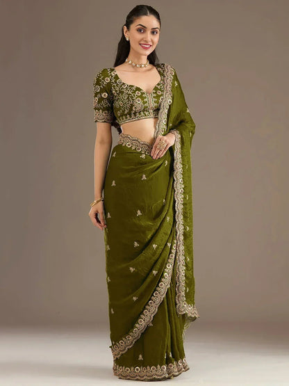 Tulsi Art Amazing Green Embroidered Silk Festival Wear Saree With Blouse