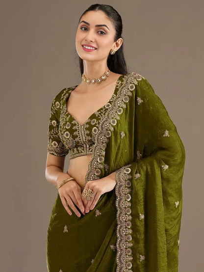 Tulsi Art Amazing Green Embroidered Silk Festival Wear Saree With Blouse