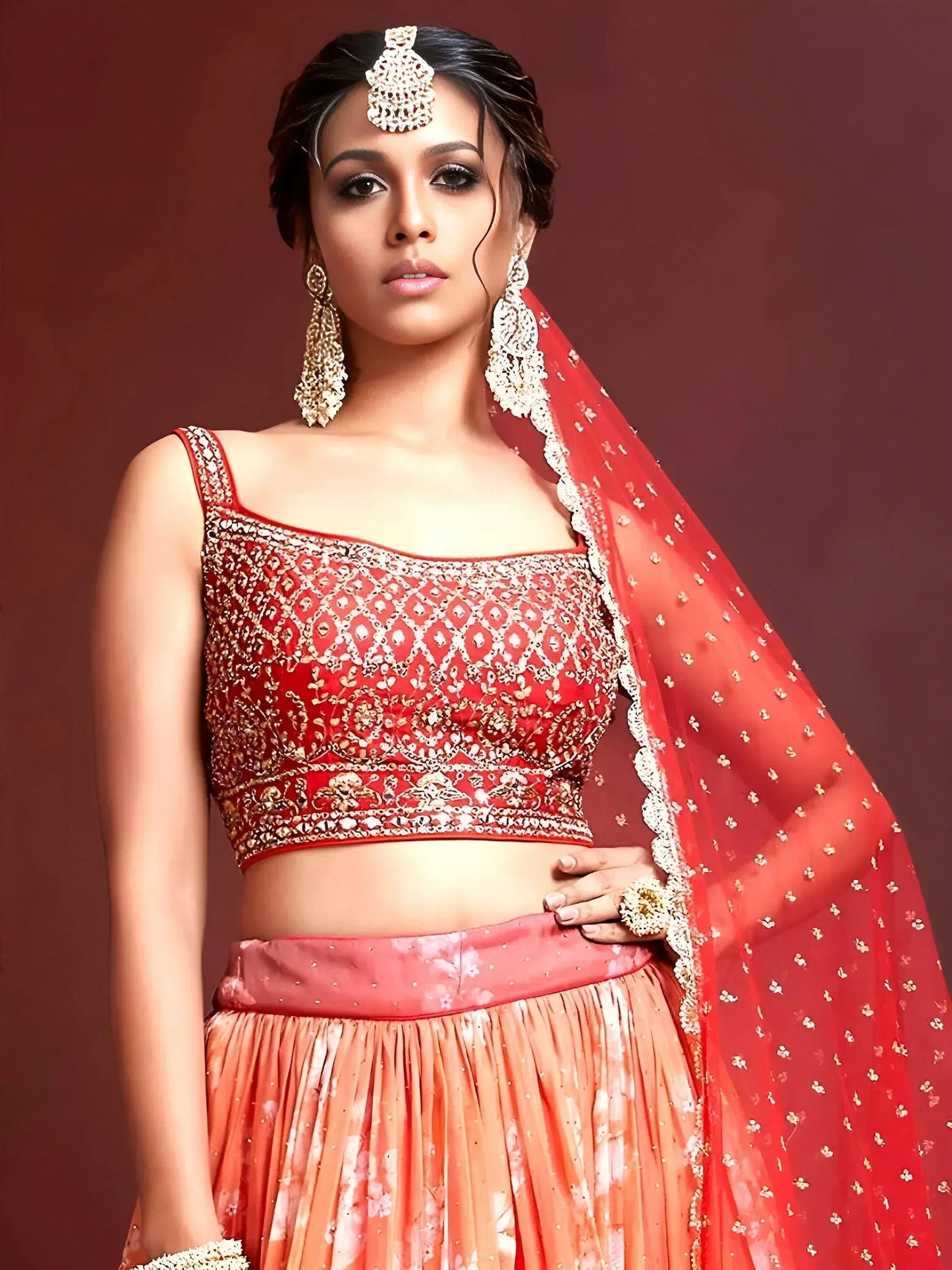 Tulsi Art Marvelous Orange Digital Print Embroidery Tebby Silk Party Wear Lehenga Choli