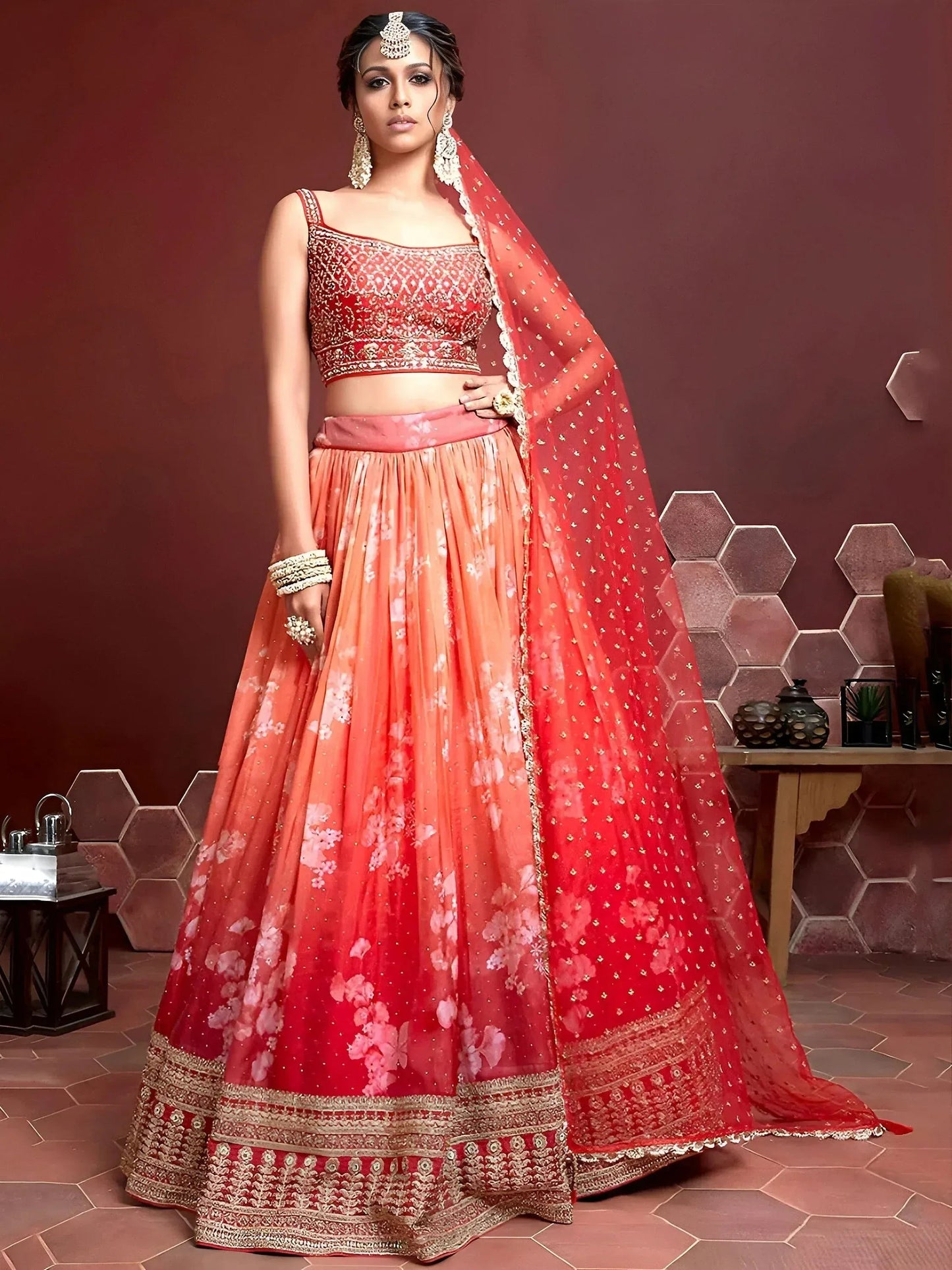 Tulsi Art Marvelous Orange Digital Print Embroidery Tebby Silk Party Wear Lehenga Choli
