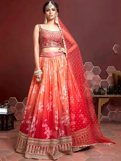 Tulsi Art Marvelous Orange Digital Print Embroidery Tebby Silk Party Wear Lehenga Choli