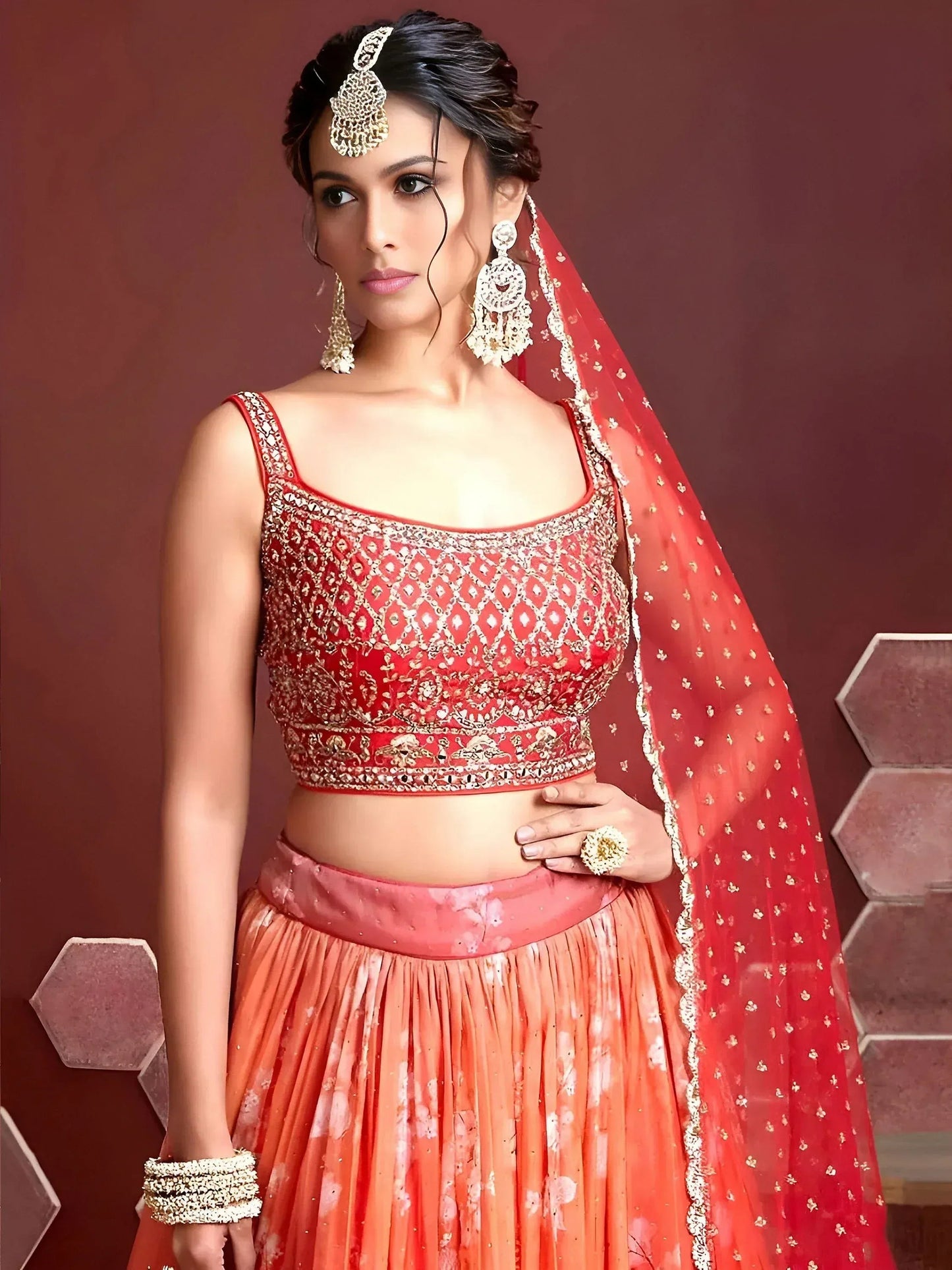 Tulsi Art Marvelous Orange Digital Print Embroidery Tebby Silk Party Wear Lehenga Choli