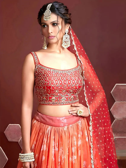 Tulsi Art Marvelous Orange Digital Print Embroidery Tebby Silk Party Wear Lehenga Choli