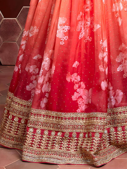 Tulsi Art Marvelous Orange Digital Print Embroidery Tebby Silk Party Wear Lehenga Choli