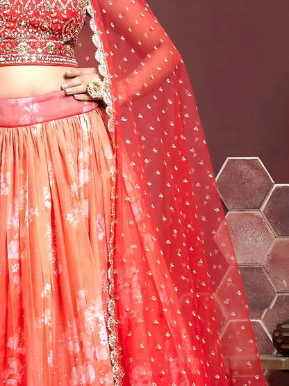 Tulsi Art Marvelous Orange Digital Print Embroidery Tebby Silk Party Wear Lehenga Choli