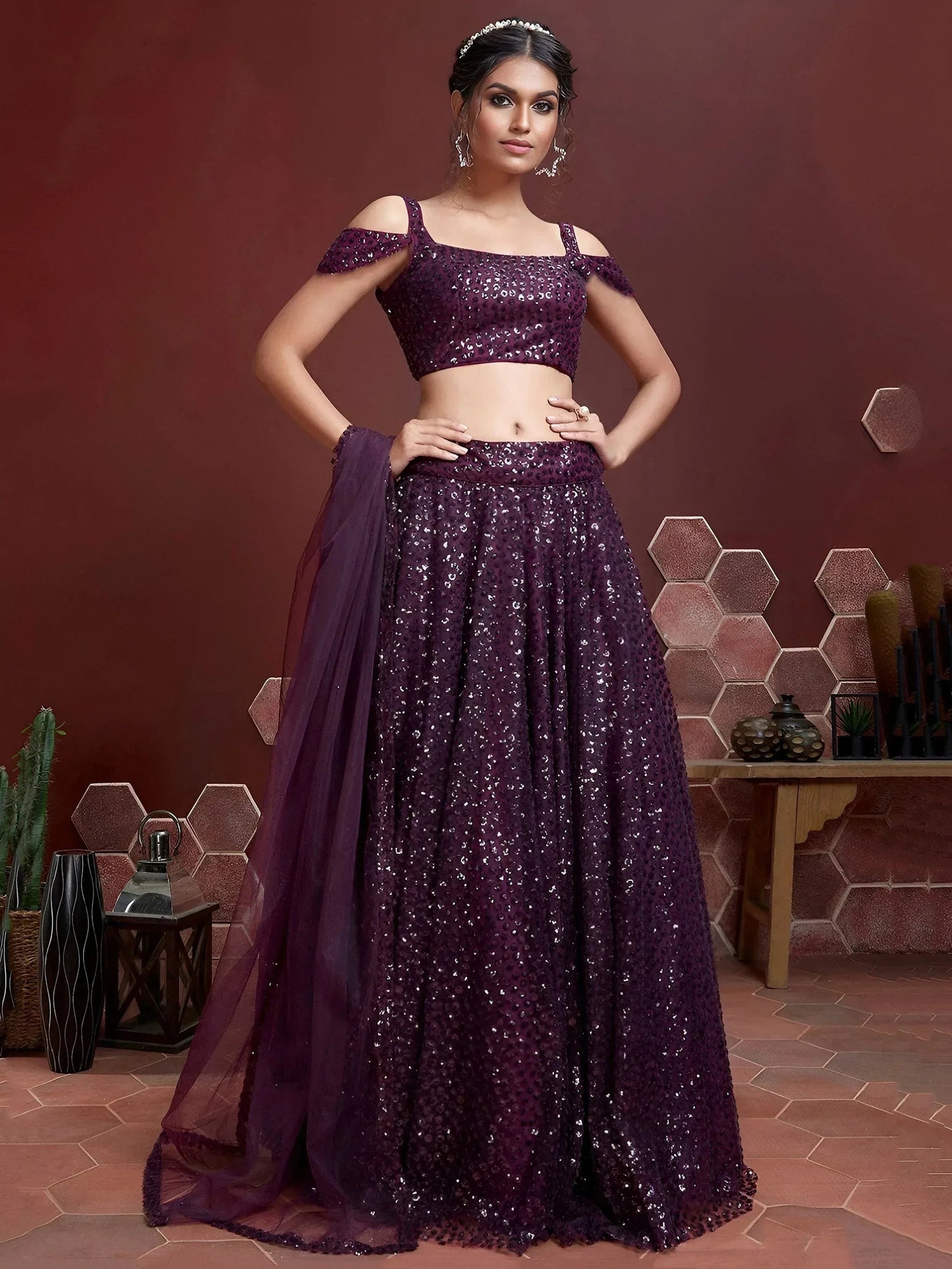Tulsi Art Fabulous Purple Embroidery Net Party Wear Lehenga Choli