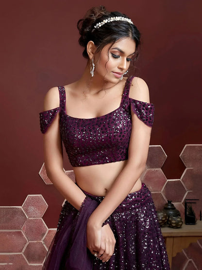 Tulsi Art Fabulous Purple Embroidery Net Party Wear Lehenga Choli