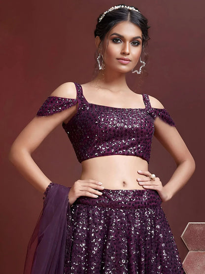 Tulsi Art Fabulous Purple Embroidery Net Party Wear Lehenga Choli