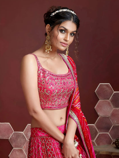 Tulsi Art Great Pink Embroidery Pure Chinon Silk Party Wear Lehenga Choli