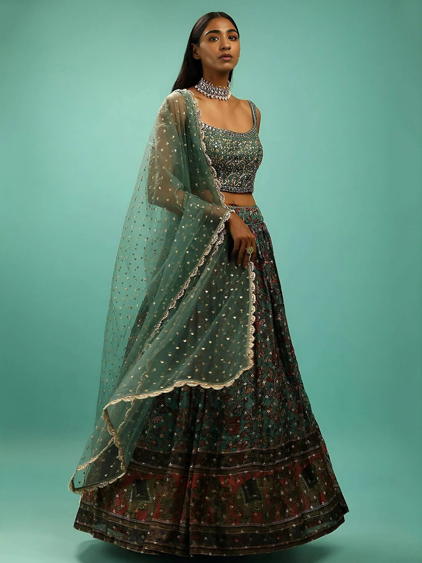 Tulsi Art Charming Green Chinon Digital Print Designer Party Wear Lehenga Choli