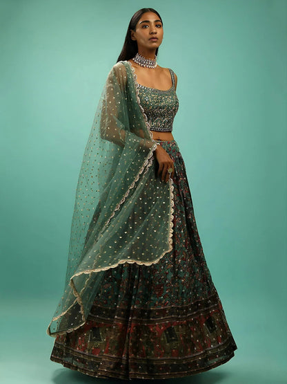 Tulsi Art Charming Green Chinon Digital Print Designer Party Wear Lehenga Choli