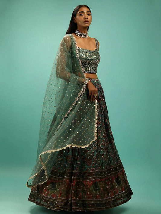 Tulsi Art Charming Green Chinon Digital Print Designer Party Wear Lehenga Choli