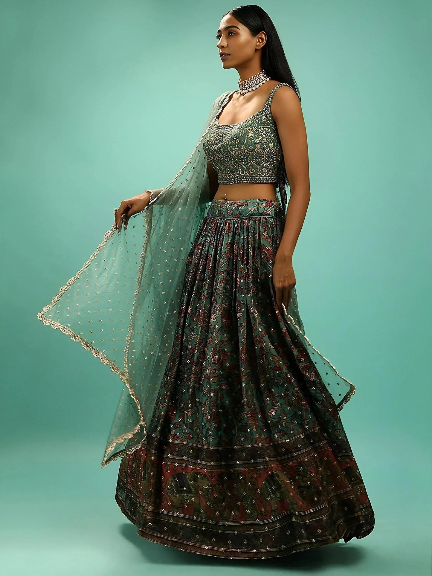 Tulsi Art Charming Green Chinon Digital Print Designer Party Wear Lehenga Choli