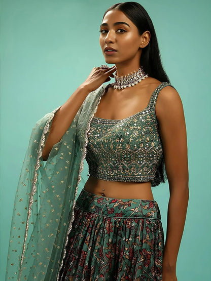 Tulsi Art Charming Green Chinon Digital Print Designer Party Wear Lehenga Choli