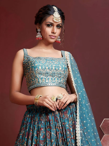 Tulsi Art Wondrous Blue Embroidery Chinon Silk Party Wear Lehenga Choli