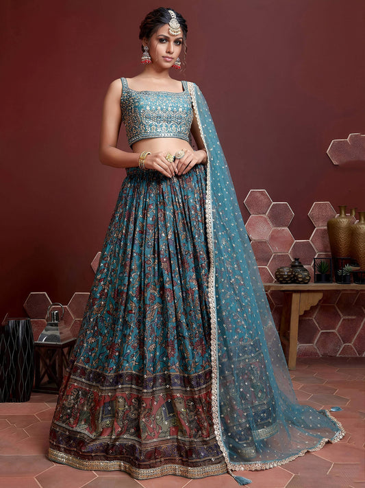 Tulsi Art Wondrous Blue Embroidery Chinon Silk Party Wear Lehenga Choli