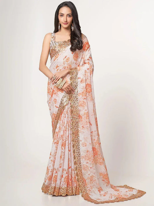 Tulsi Art Gorgeous White Floral Printed Organza Party Wear Saree With Blouse