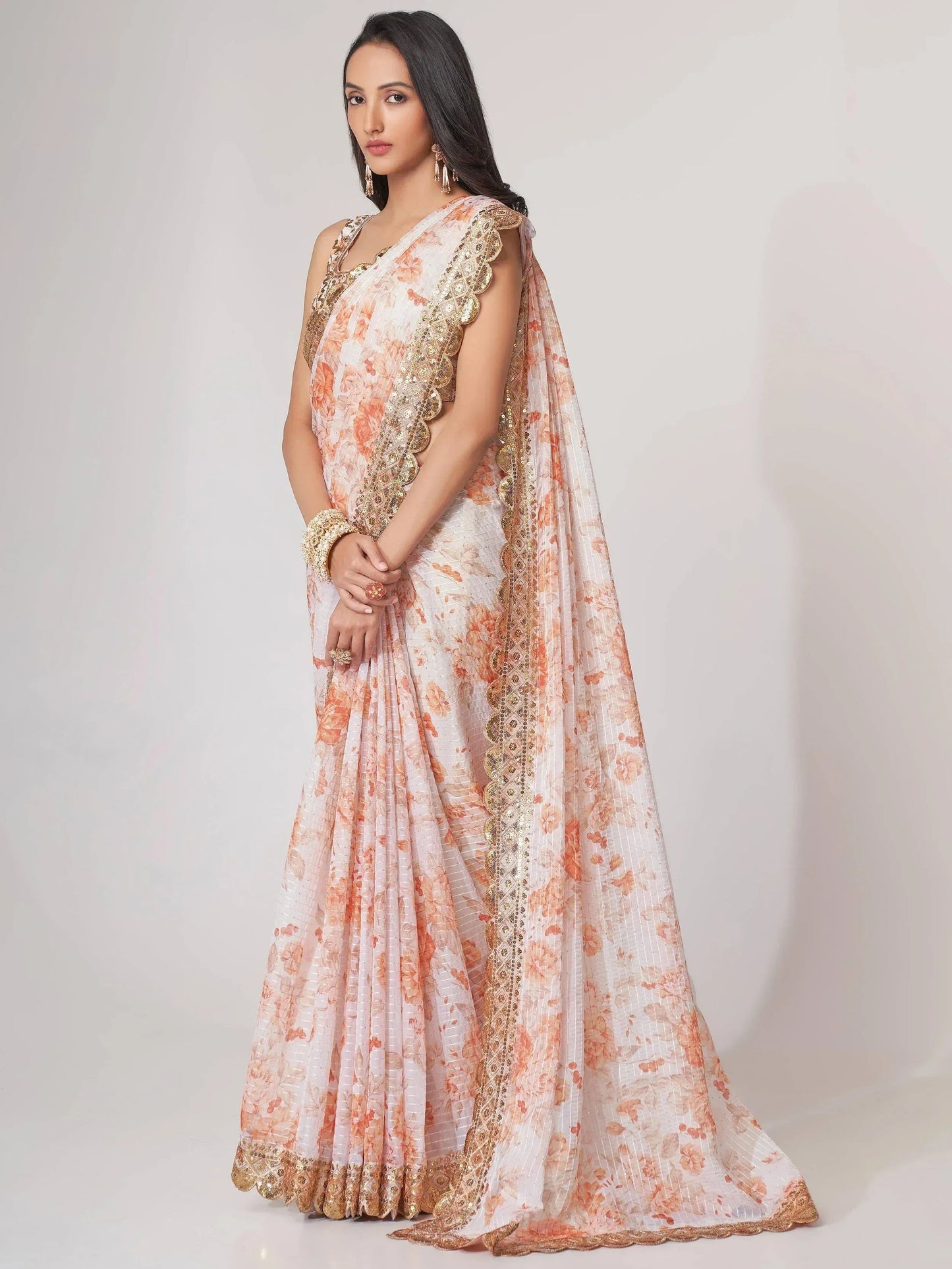 Tulsi Art Gorgeous White Floral Printed Organza Party Wear Saree With Blouse