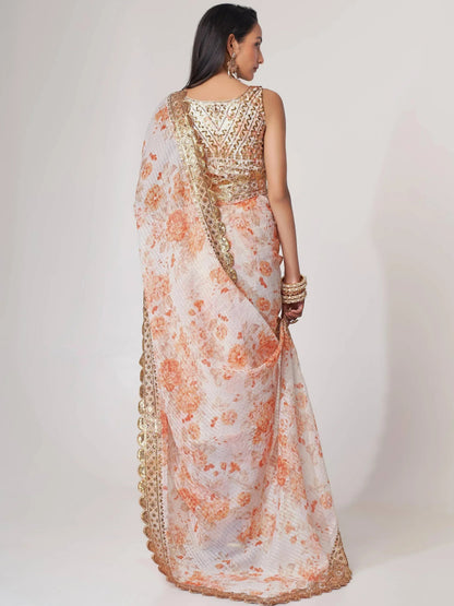 Tulsi Art Gorgeous White Floral Printed Organza Party Wear Saree With Blouse