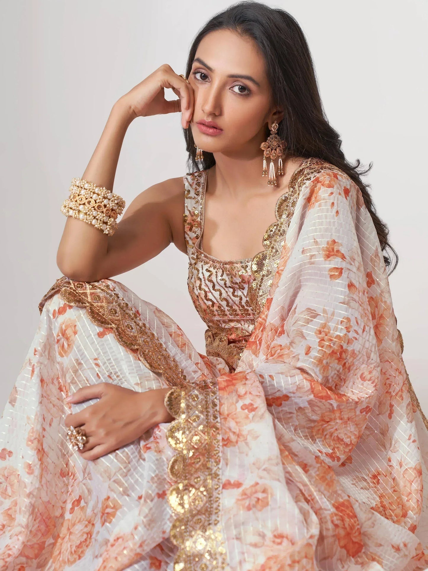 Tulsi Art Gorgeous White Floral Printed Organza Party Wear Saree With Blouse