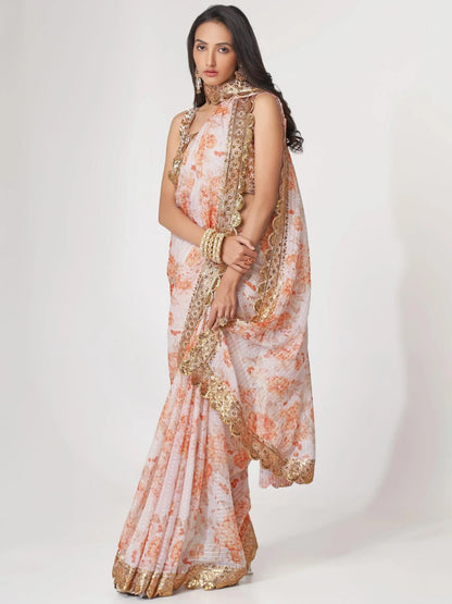Tulsi Art Gorgeous White Floral Printed Organza Party Wear Saree With Blouse