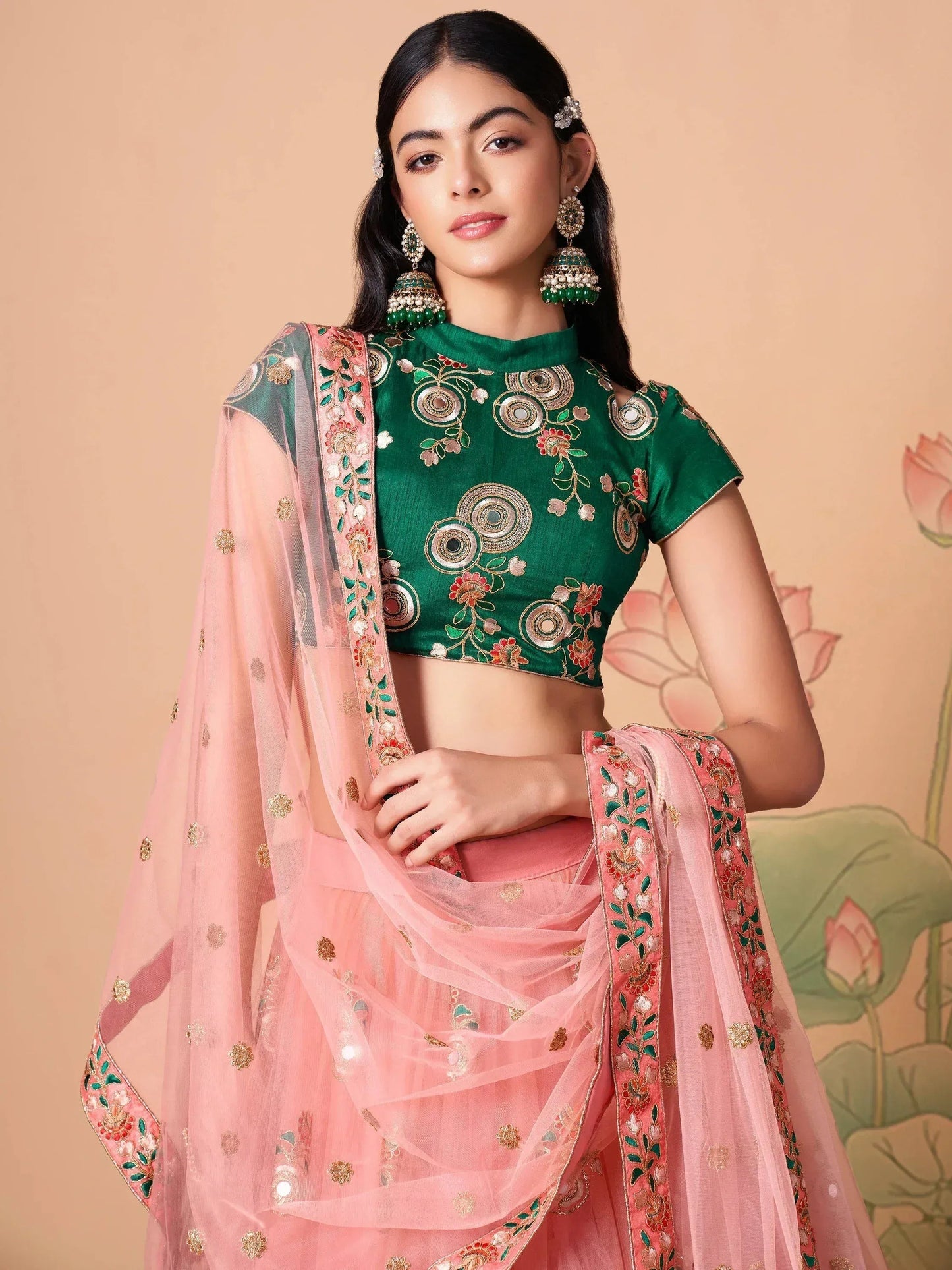 Tulsi Art Elegant Peach Mirror Work Net Party Wear Lehenga Choli
