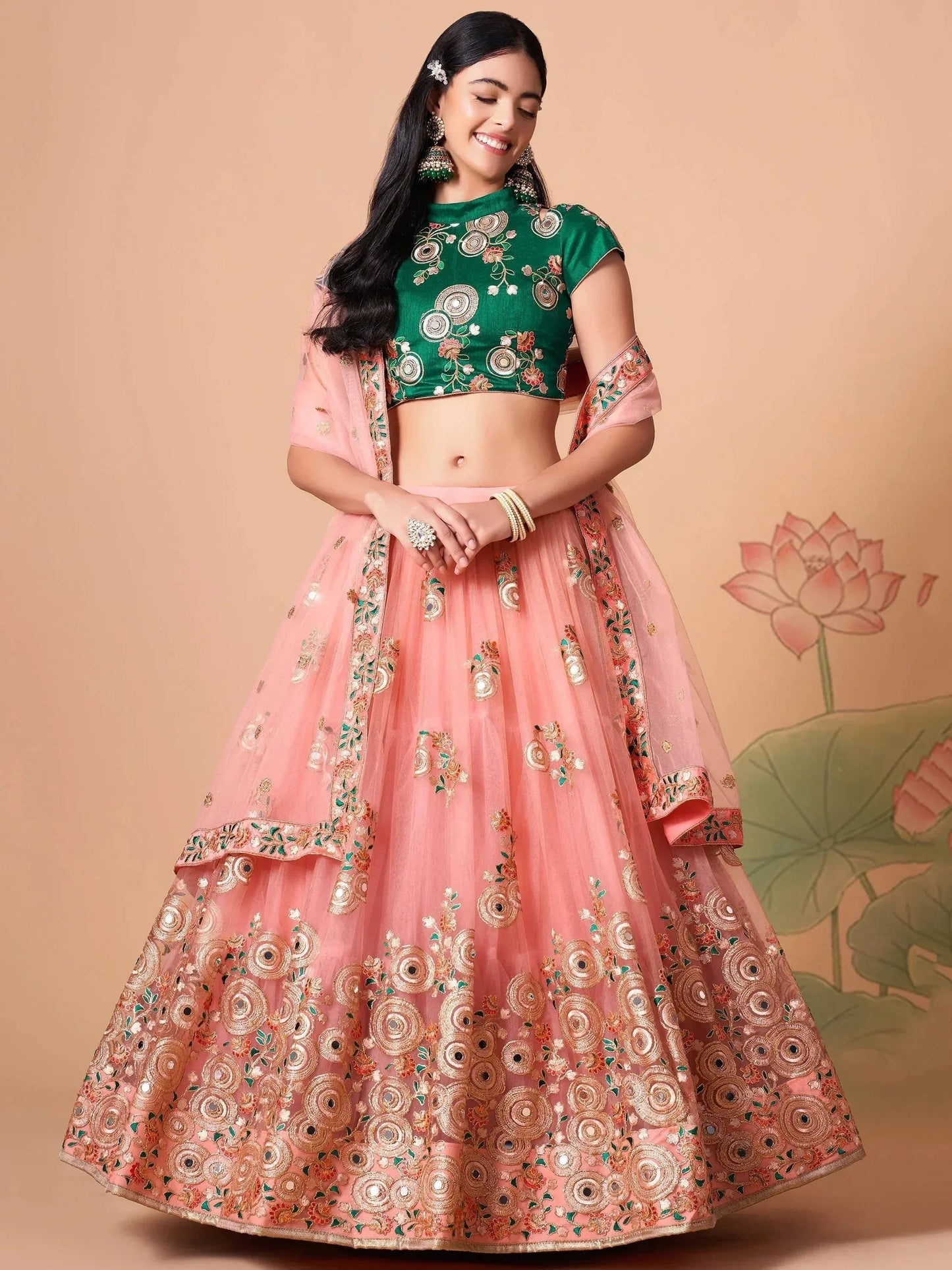 Tulsi Art Elegant Peach Mirror Work Net Party Wear Lehenga Choli