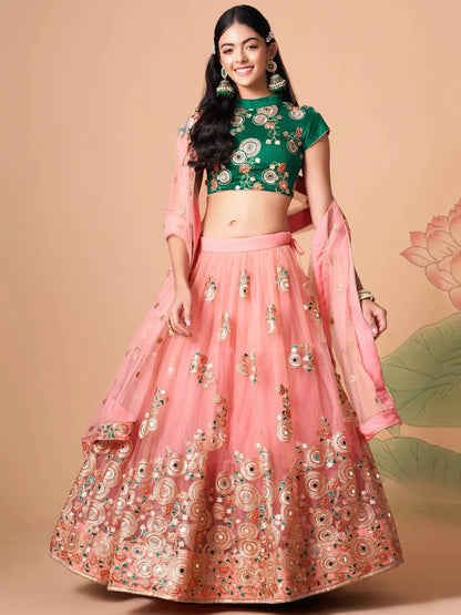Tulsi Art Elegant Peach Mirror Work Net Party Wear Lehenga Choli