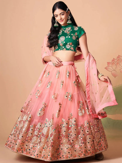 Tulsi Art Elegant Peach Mirror Work Net Party Wear Lehenga Choli