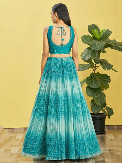 Tulsi Art Beautiful Blue Mirror Work Organza Wedding Wear Lehenga Choli