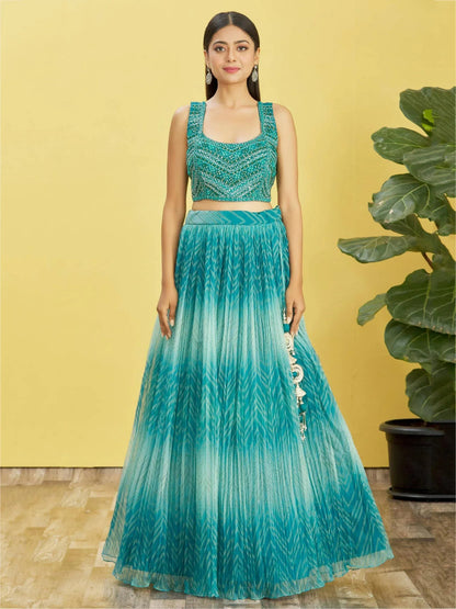 Tulsi Art Beautiful Blue Mirror Work Organza Wedding Wear Lehenga Choli