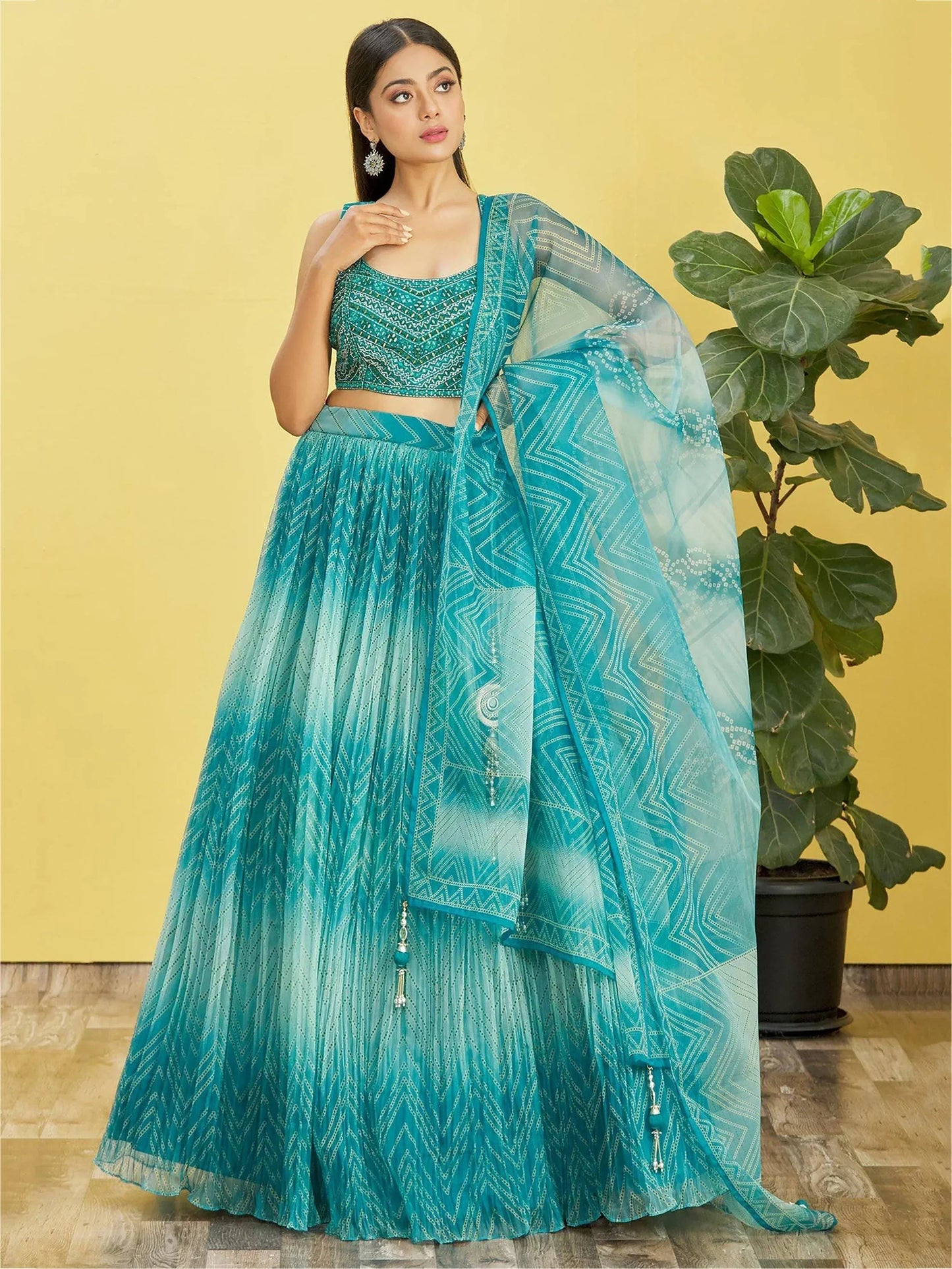 Tulsi Art Beautiful Blue Mirror Work Organza Wedding Wear Lehenga Choli