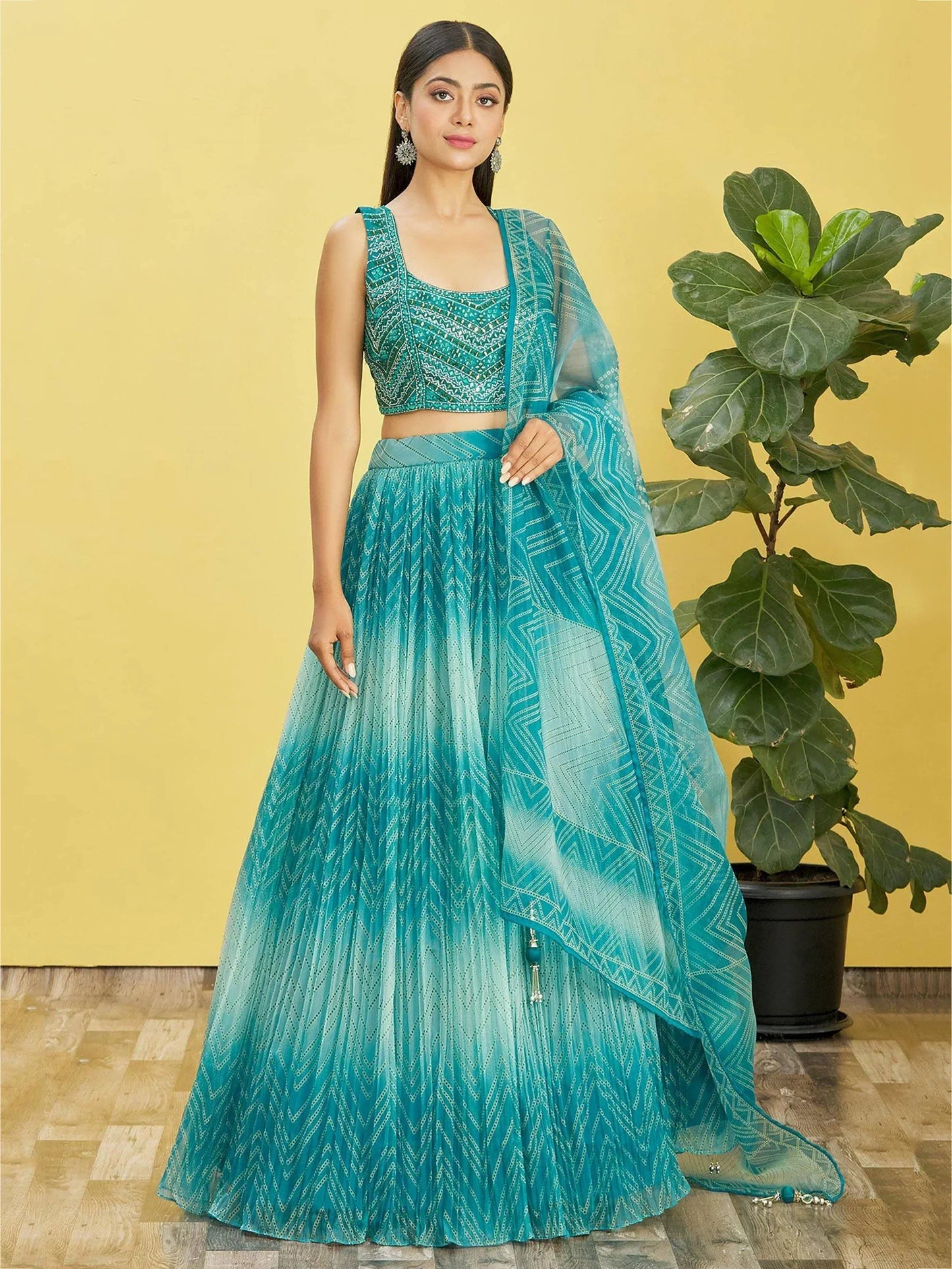 Tulsi Art Beautiful Blue Mirror Work Organza Wedding Wear Lehenga Choli