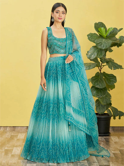 Tulsi Art Beautiful Blue Mirror Work Organza Wedding Wear Lehenga Choli