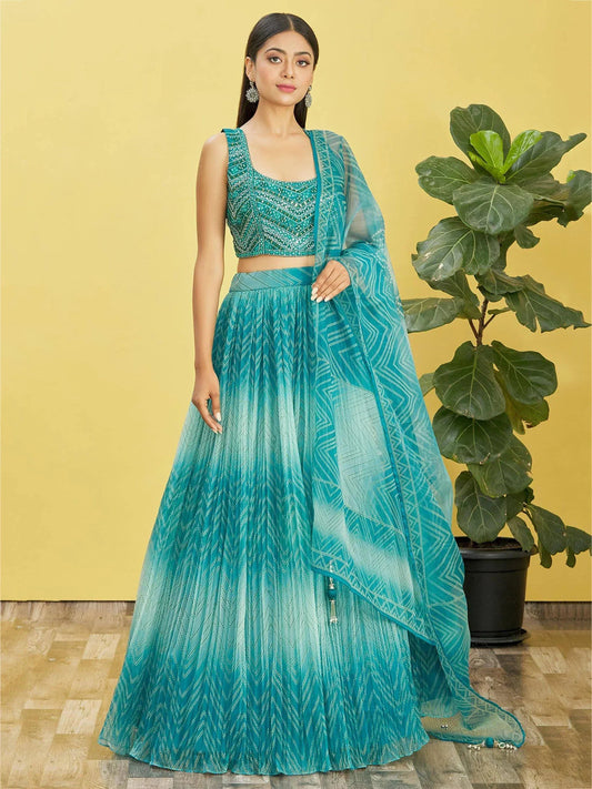 Tulsi Art Beautiful Blue Mirror Work Organza Wedding Wear Lehenga Choli