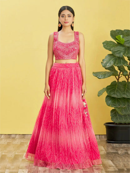 Tulsi Art Gorgeous Pink Mirror Work Organza Reception Wear Lehenga Choli
