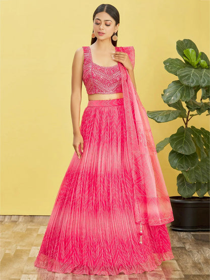 Tulsi Art Gorgeous Pink Mirror Work Organza Reception Wear Lehenga Choli