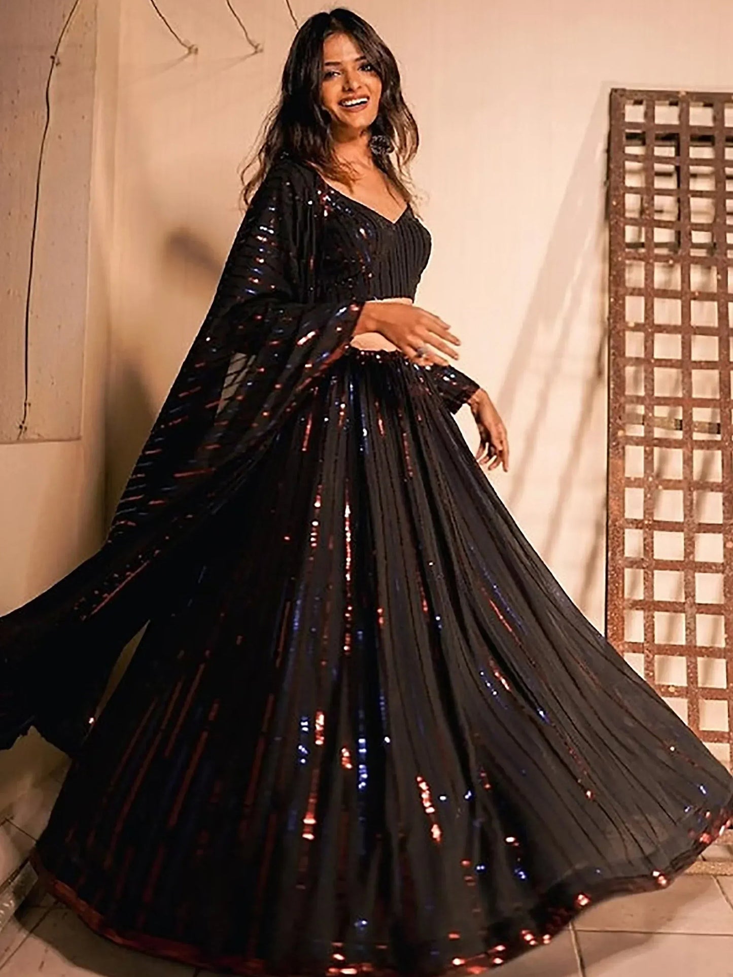 Tulsi Art Stunning Black Sequins Georgette Reception Wear Lehenga Choli