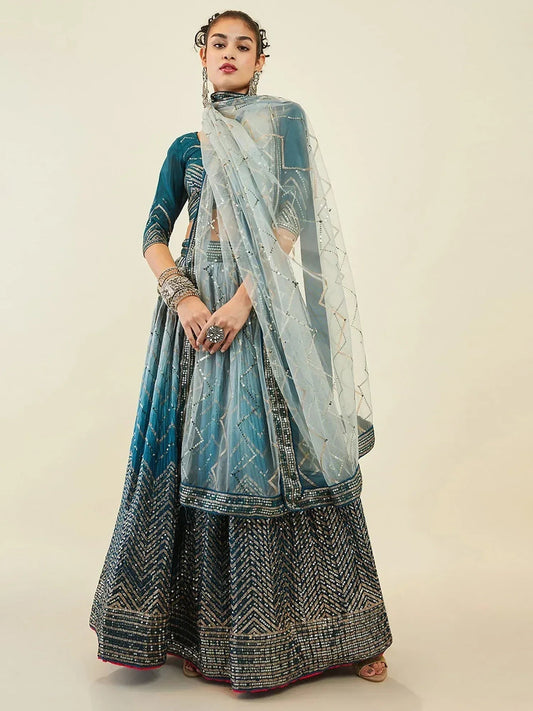Tulsi Art Magnetic Blue Sequins Art Silk Wedding Wear Lehenga Choli